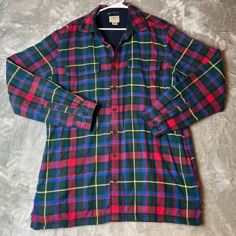 LL Bean Fleece Lined Flannel Shirt Shacket Mens L Tall Plaid Button Up